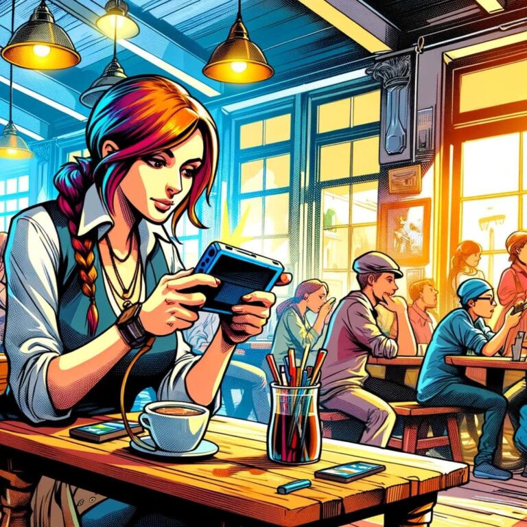 How To Play Video Games As You Travel Woman Playing A Handheld Video Game In A Cafe Dalle Chatgpt.jpg
